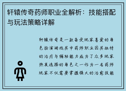 轩辕传奇药师职业全解析：技能搭配与玩法策略详解