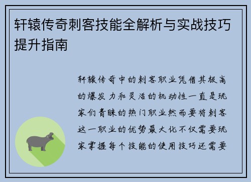 轩辕传奇刺客技能全解析与实战技巧提升指南